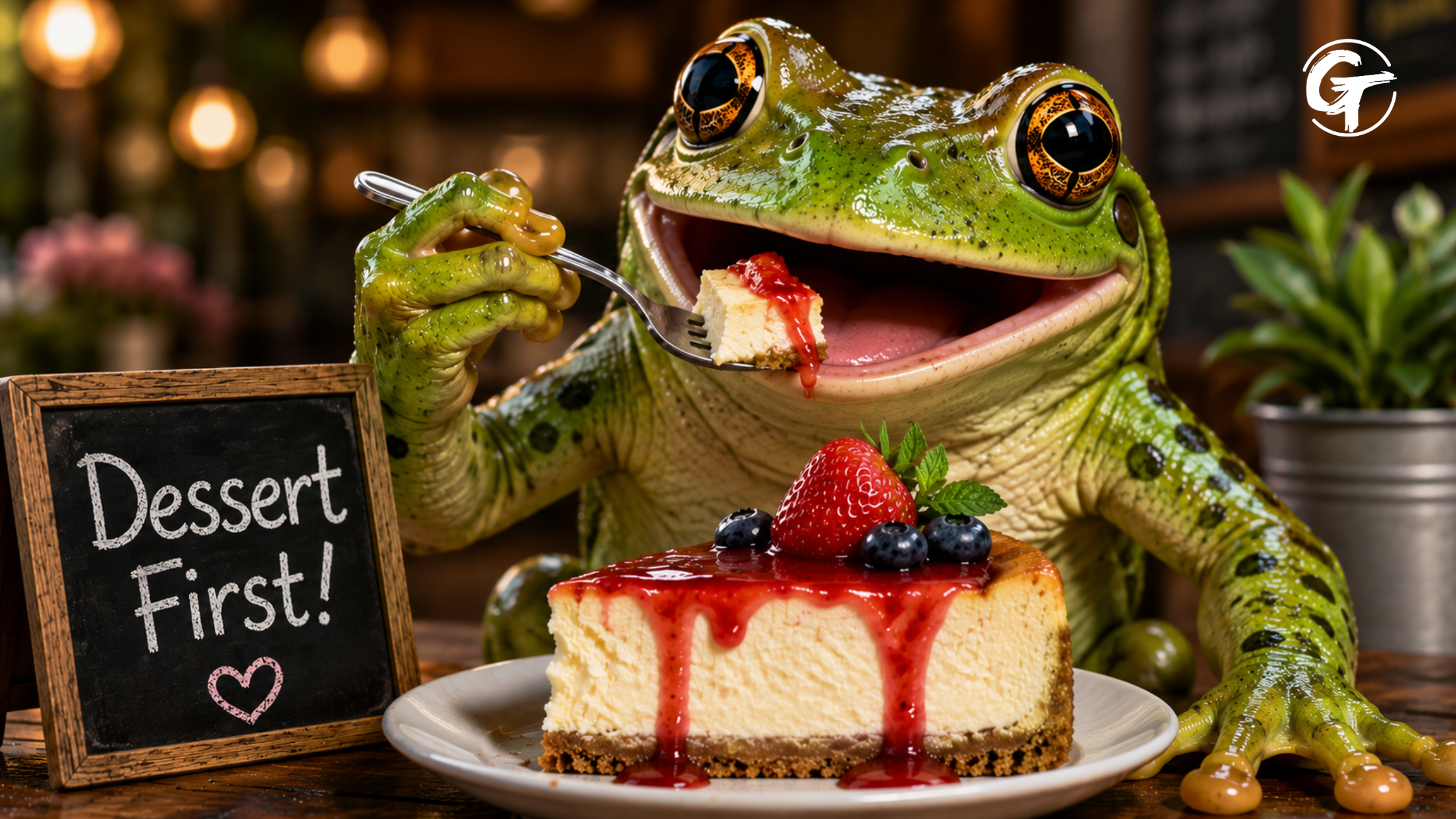 A cheerful green frog eating a slice of strawberry cheesecake, illustrating the idea of "dessert before the frog" as a fresh approach to the Eat the Frog productivity method.