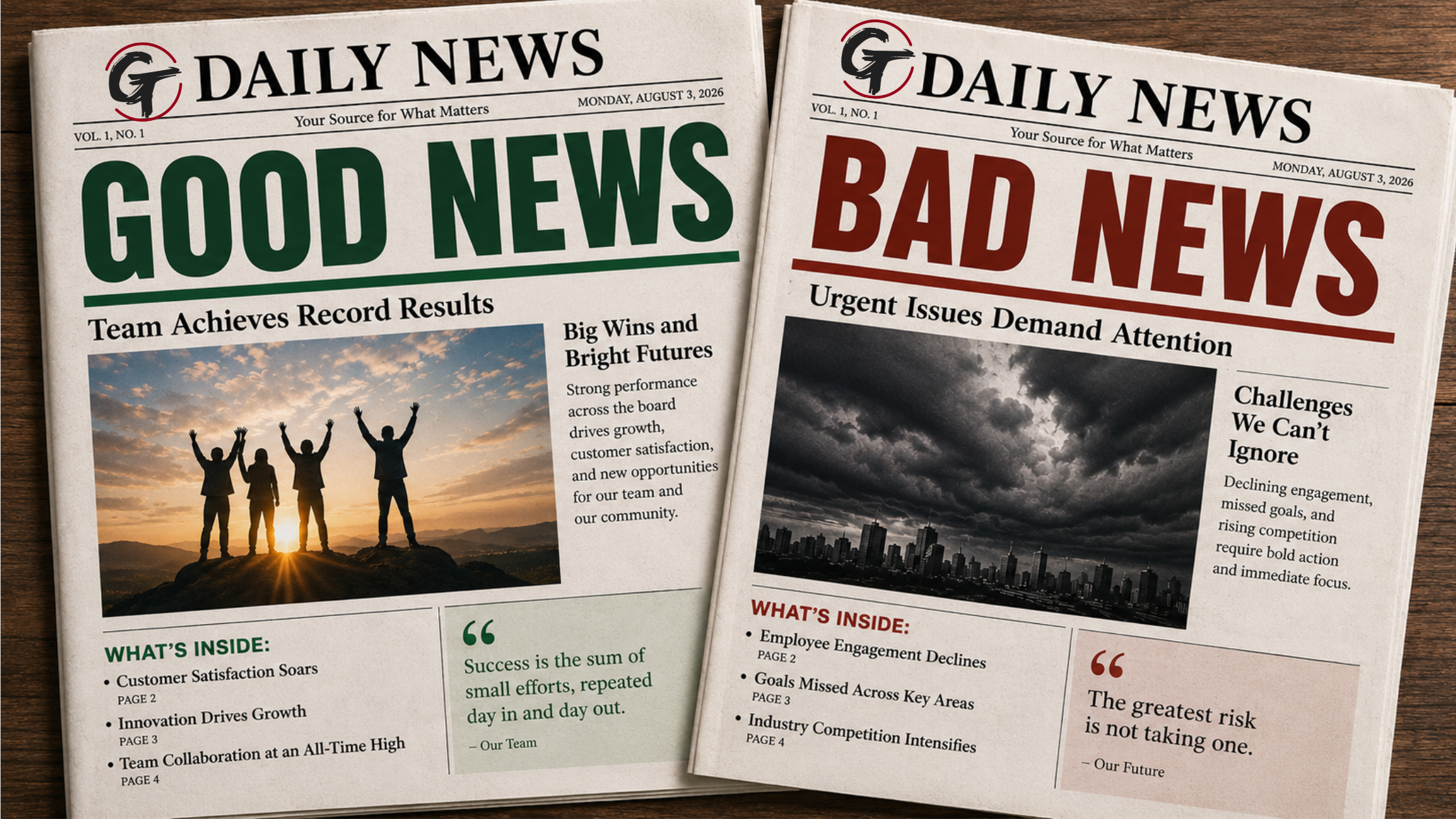 Two newspapers labeled "Good News" and "Bad News" illustrating how the order of positive and negative feedback influences leadership communication and employee behavior.