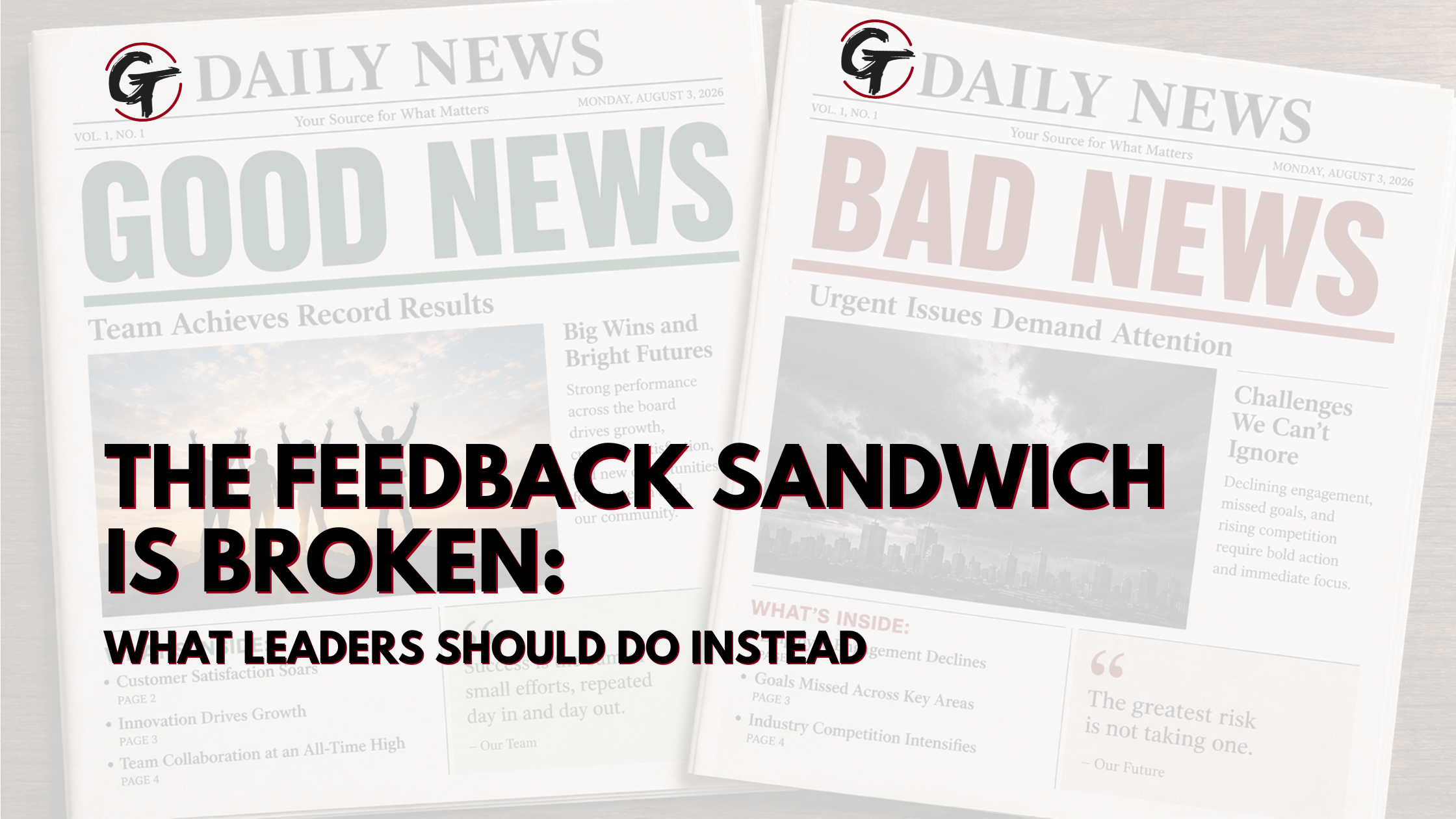 Two newspapers labeled "Good News" and "Bad News" illustrating how the order of positive and negative feedback influences leadership communication and employee behavior.