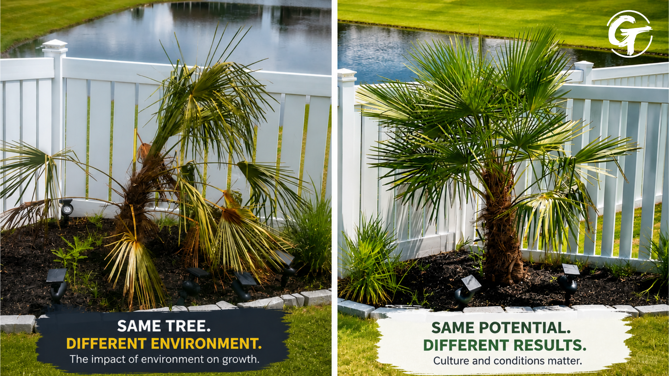 Healthy and dying palm trees illustrating how workplace culture affects employee growth and performance.