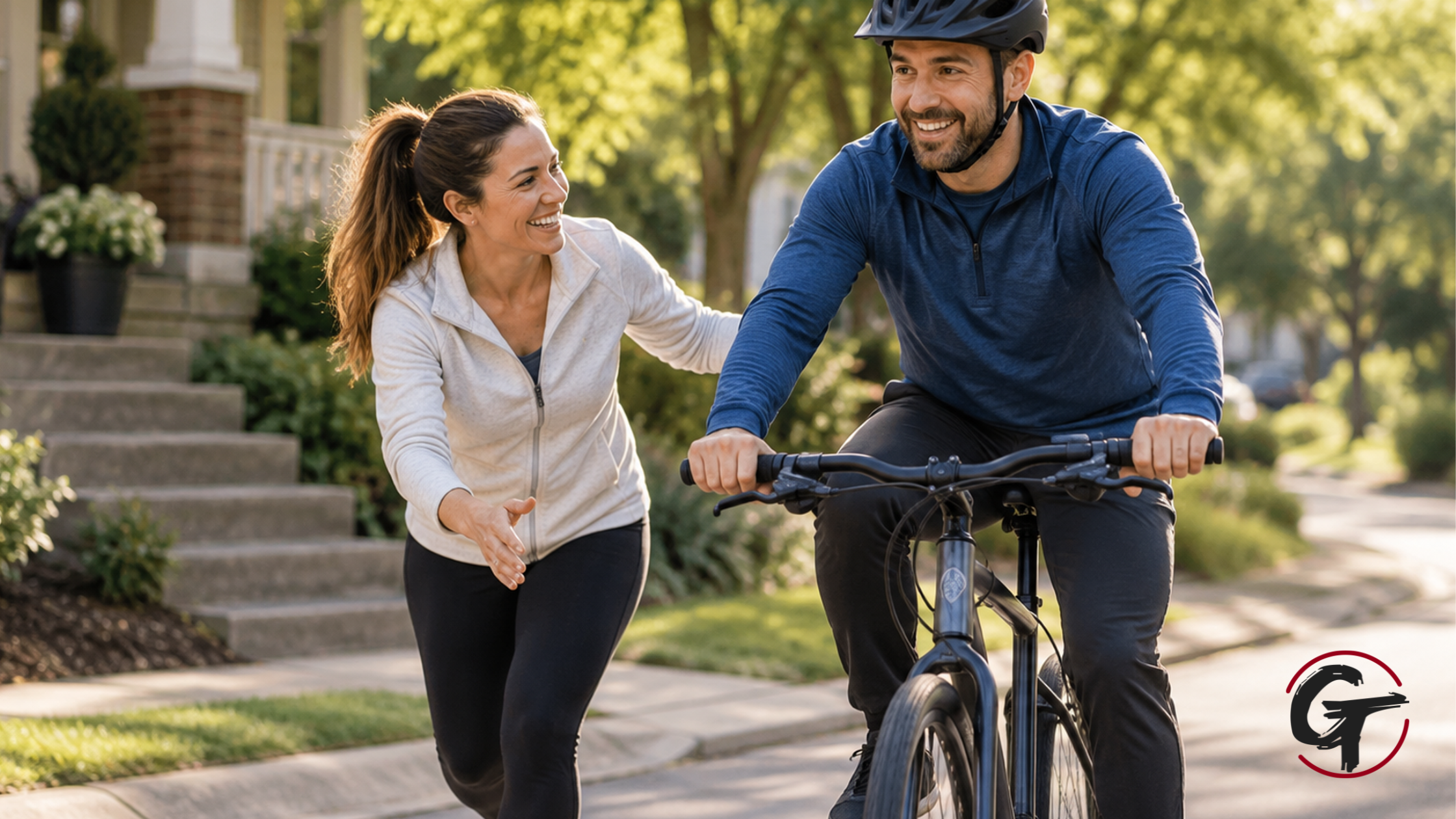 Female leadership coach guiding a man riding a bicycle as a metaphor for professional growth and lasting behavior change.