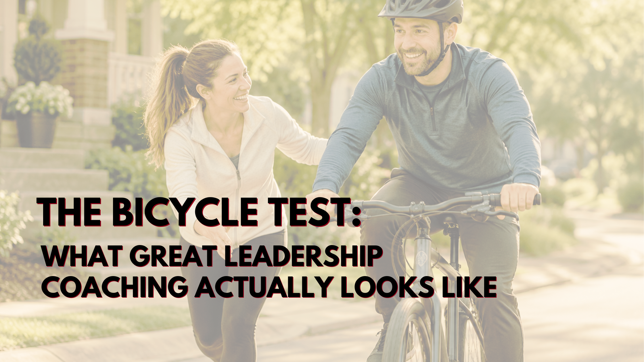 Female leadership coach guiding a man riding a bicycle as a metaphor for professional growth and lasting behavior change.