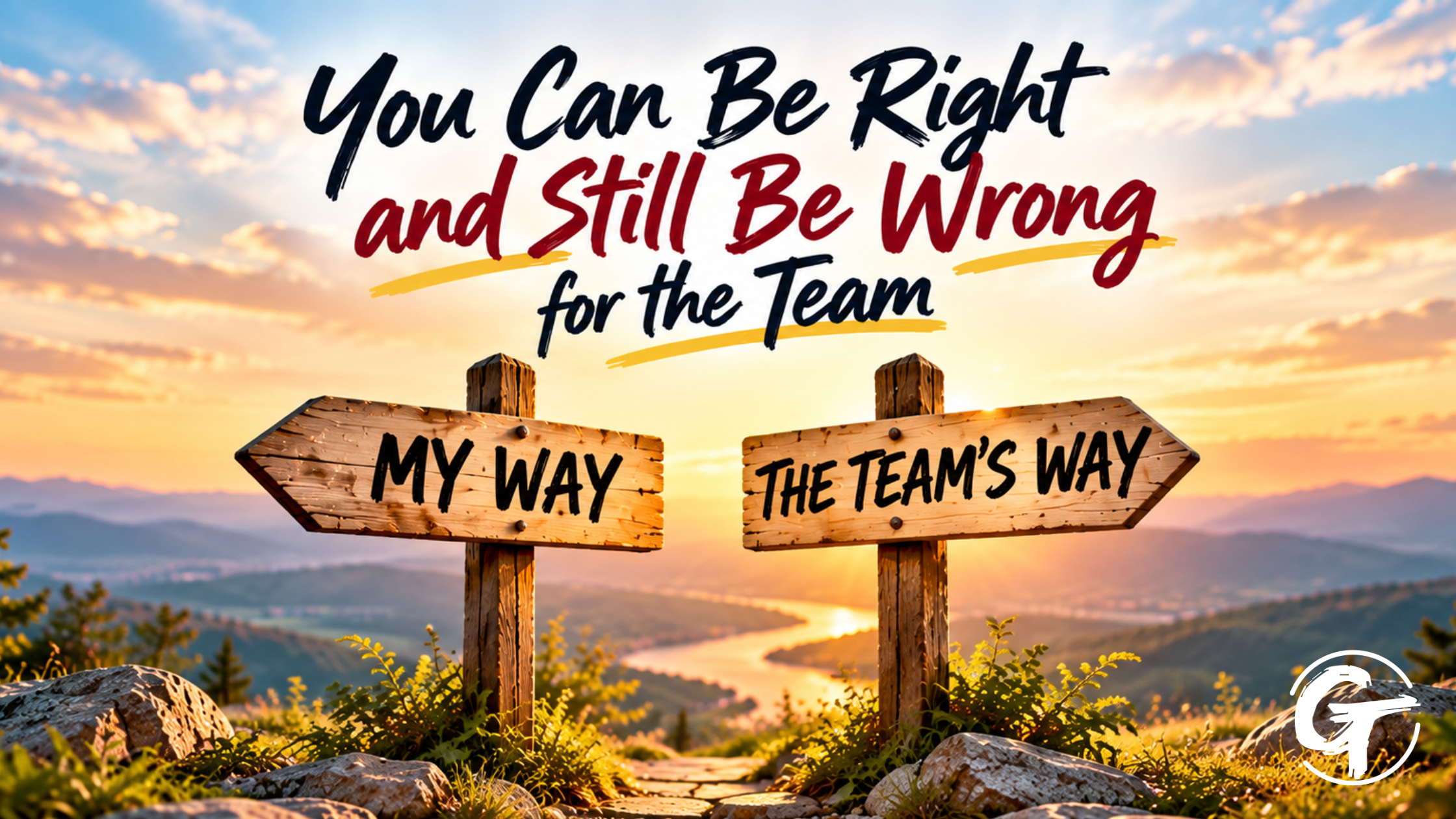 Two wooden signs reading “My Way” and “The Team’s Way” frame the message “You Can Be Right and Still Be Wrong for the Team,” illustrating organizational unity.